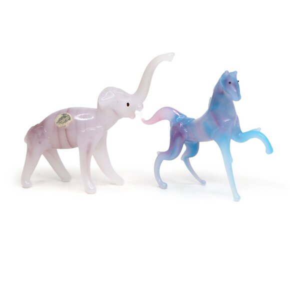 Vintage Mini Glass Animal Figurines Set Horse & Elephant Murano Style Pink Blue - Picture 1 of 15